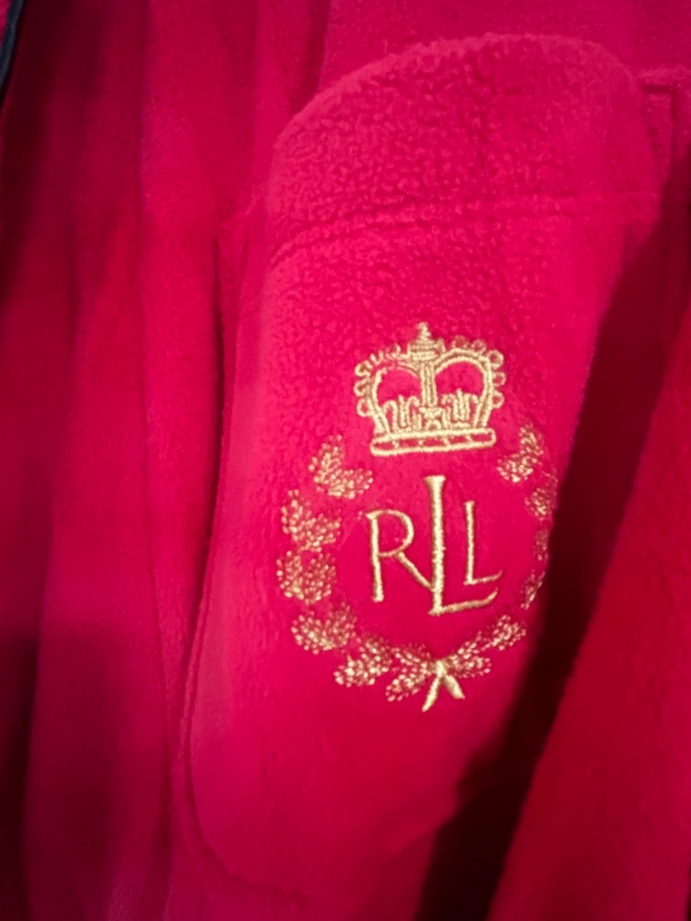 NWT Lauren Ralph Lauren Red Fleece Long Shawl-Collar Robe Crest Logo Size Small
